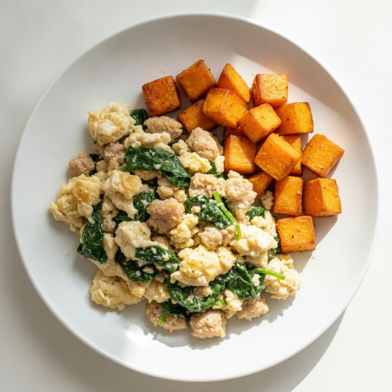 Egg White and Turkey Sausage Scramble with Spinach and Roasted Sweet Potatoes