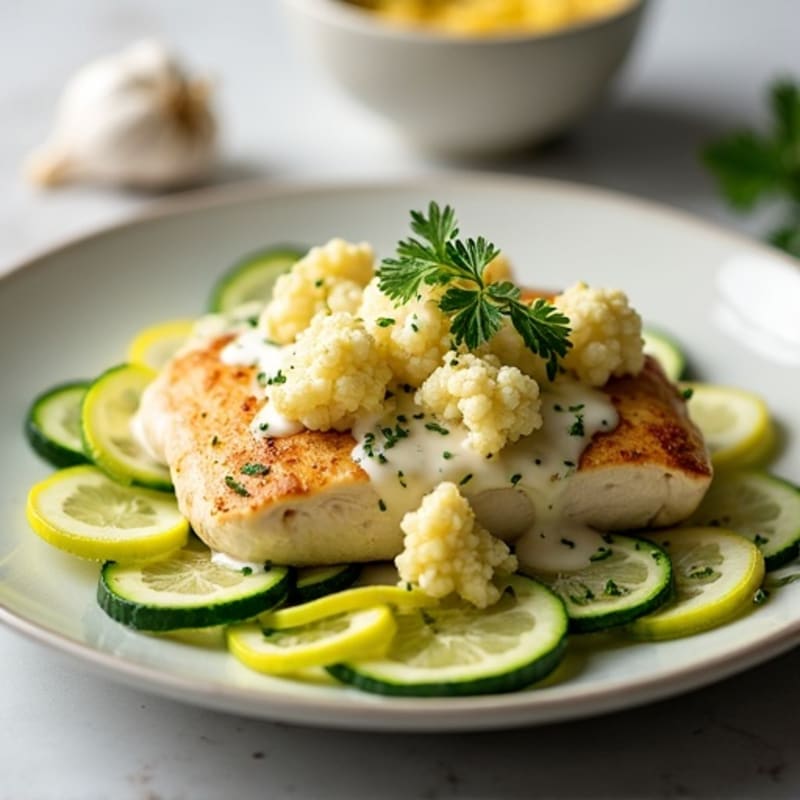 Creamy Cauliflower Alfredo Chicken with Zucchini Noodles