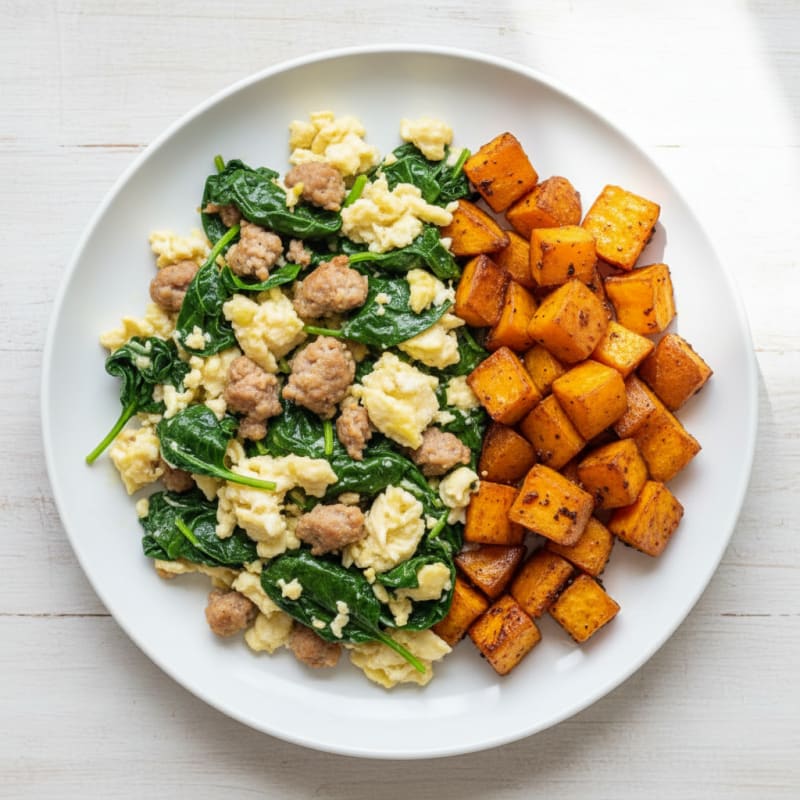 Egg White and Turkey Sausage Scramble with Spinach and Roasted Sweet Potatoes