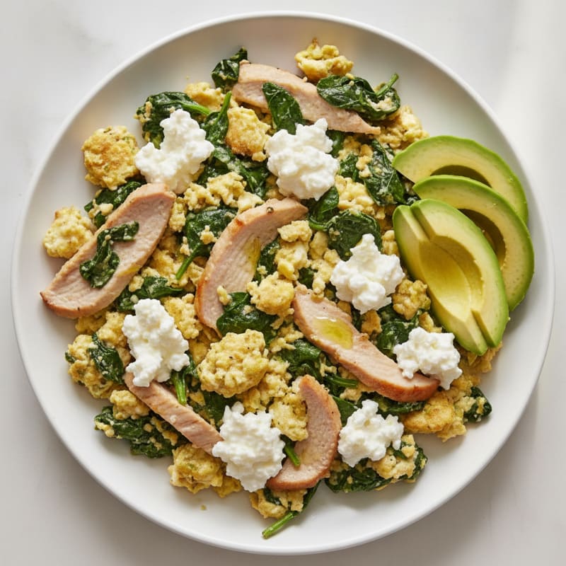 Egg White Spinach Scramble with Cottage Cheese and Sliced Turkey