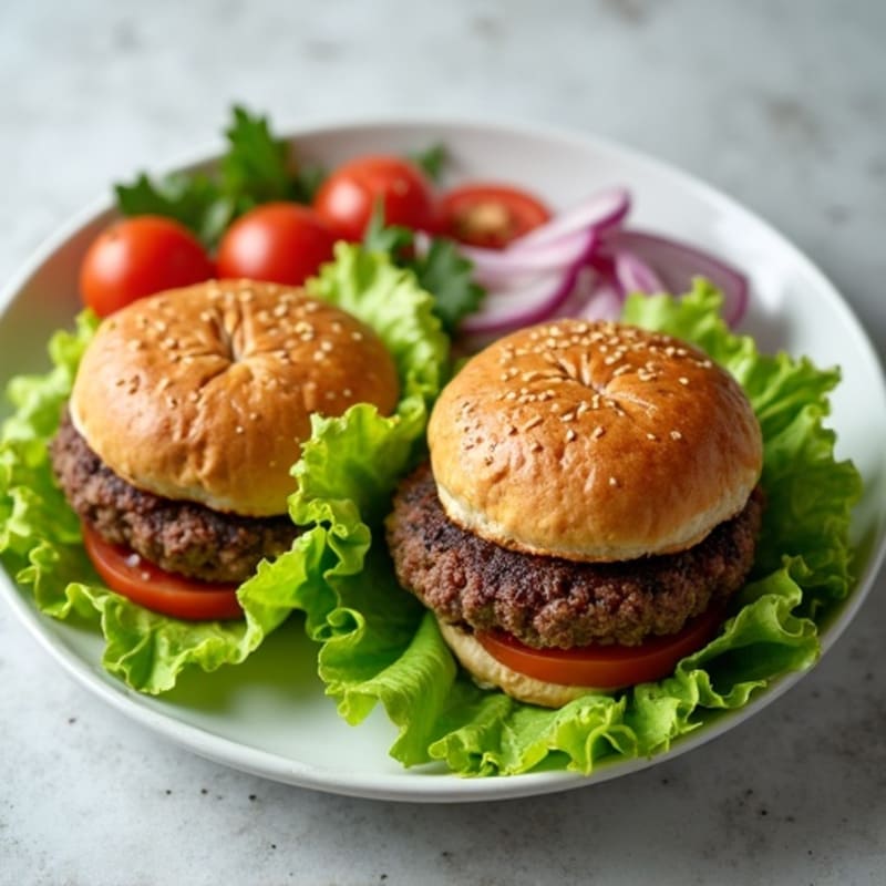 Lean Beef Burgers with Crispy Lettuce Wraps and Fresh Tomato Salad