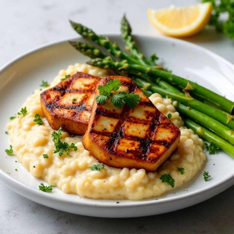 Grilled Tempeh Steaks with Creamy White Bean Mash and Steamed Asparagus
