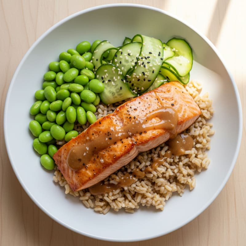 Teriyaki Salmon Rice Bowl with Edamame