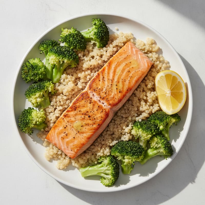 Seared Salmon with Steamed Broccoli and Quinoa