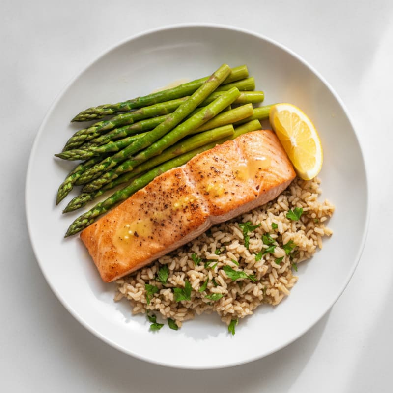 Seared Salmon with Steamed Asparagus and Herbed Brown Rice