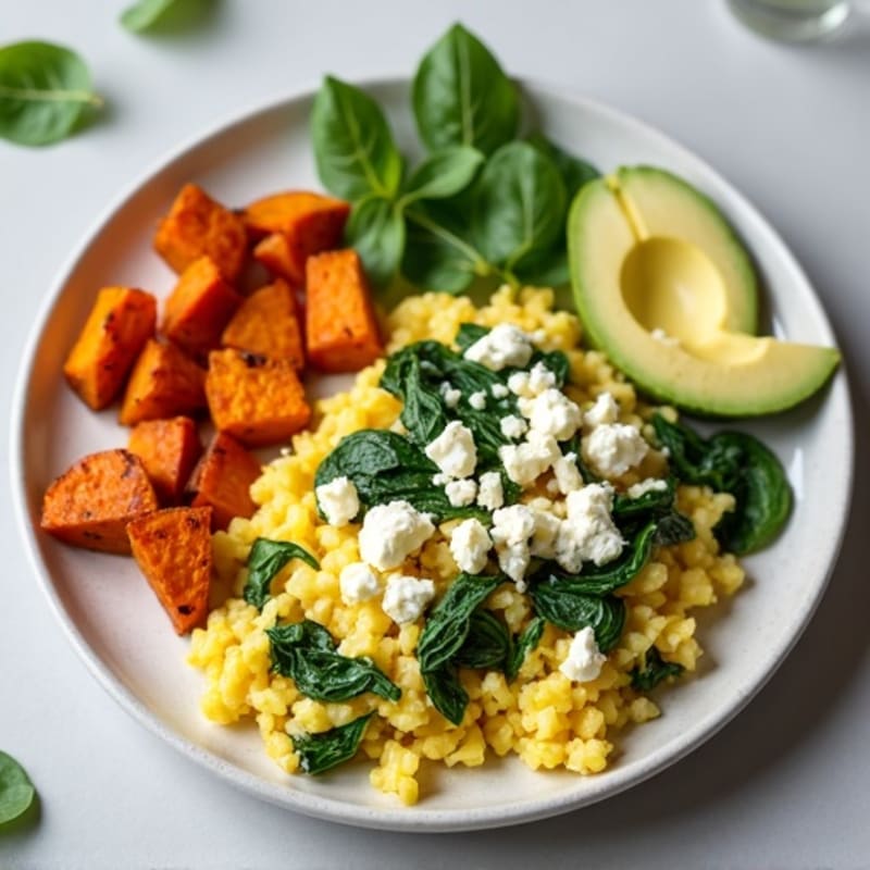 Egg White and Spinach Scramble with Roasted Sweet Potatoes