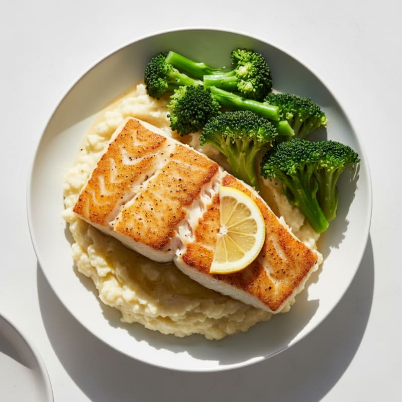 Seared Cod with Steamed Broccoli and Cauliflower Mash