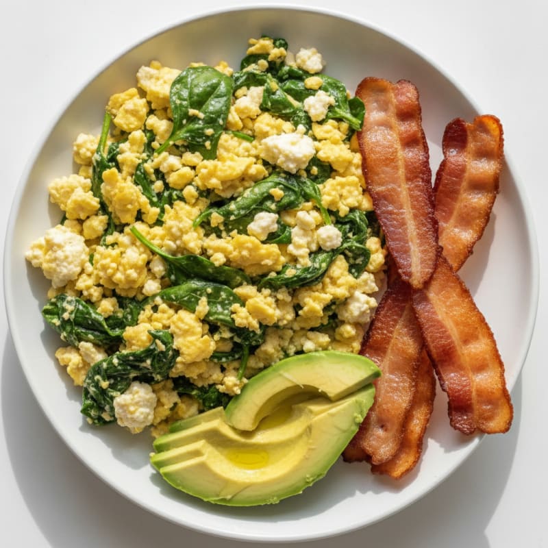 Cottage Cheese Egg Scramble with Spinach and Turkey Bacon