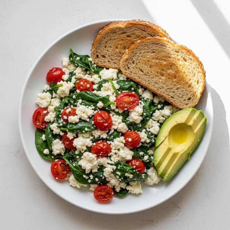 Egg White and Cottage Cheese Scramble with Spinach and Cherry Tomatoes