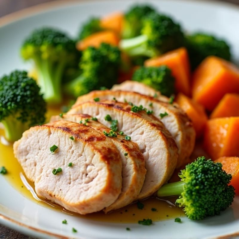 Seared Turkey Breast with Roasted Broccoli and Sweet Potato