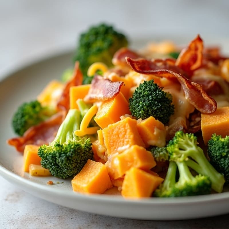Loaded Sweet Potato and Broccoli Bake with Crispy Turkey Bacon and Cheesy Sauce
