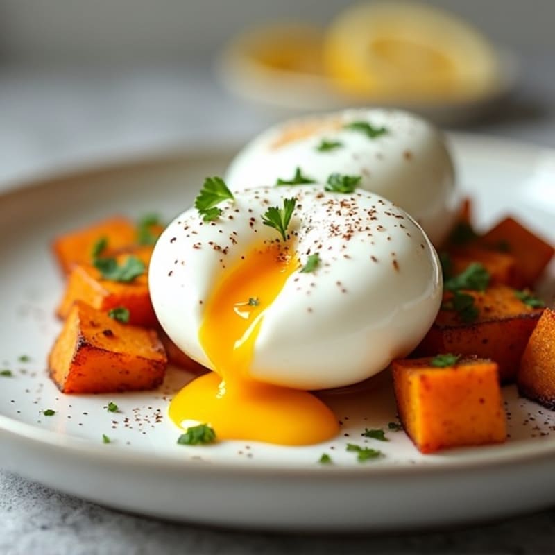 Poached Eggs with Roasted Sweet Potato and Creamy Lemon-Dill Sauce