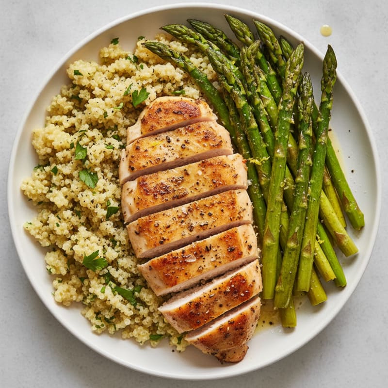 Pan-Seared Chicken with Roasted Asparagus and Lemon Quinoa