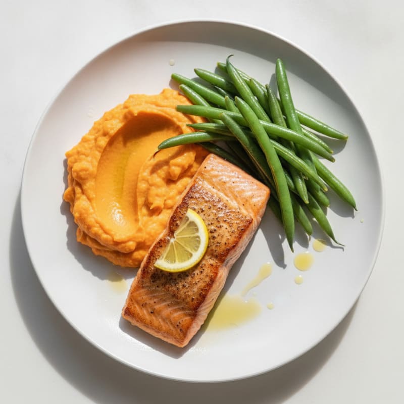Seared Salmon Fillet with Steamed Green Beans and Sweet Potato Mash