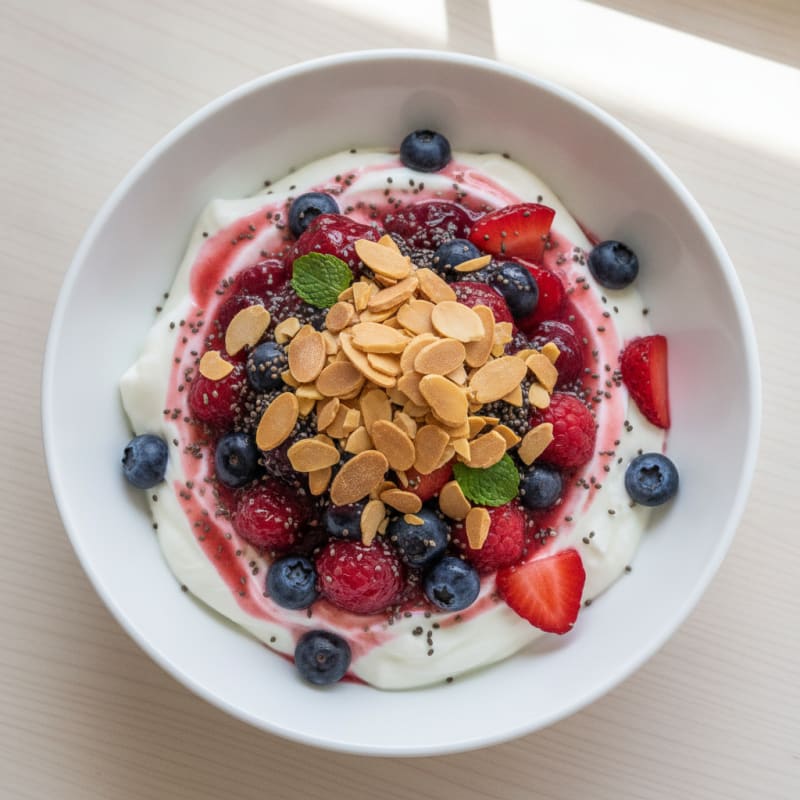 Greek Yogurt Protein Parfait with Mixed Berries and Almonds