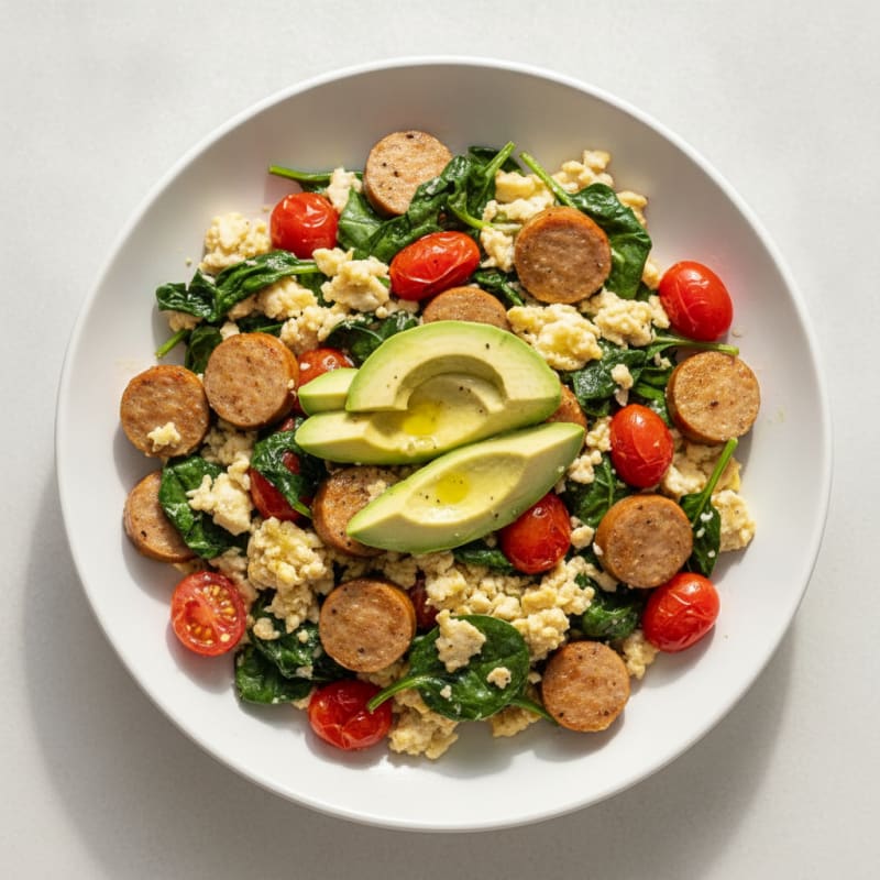 Egg White and Turkey Sausage Scramble with Spinach and Cherry Tomatoes