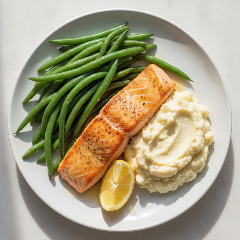 Seared Salmon with Steamed Green Beans and Garlic Mashed Cauliflower