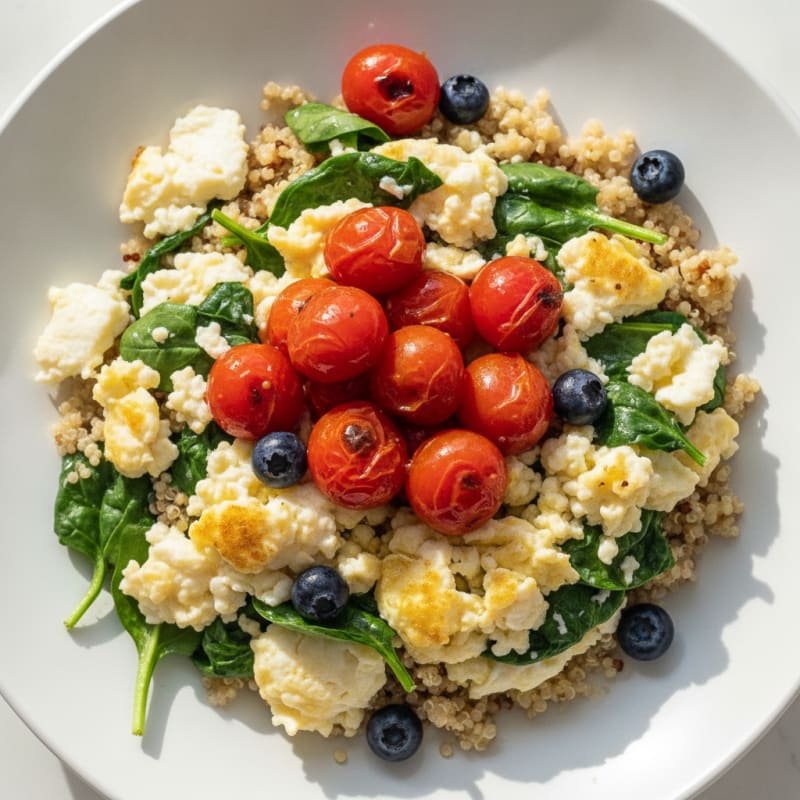 Egg White and Spinach Scramble with Quinoa and Roasted Tomatoes