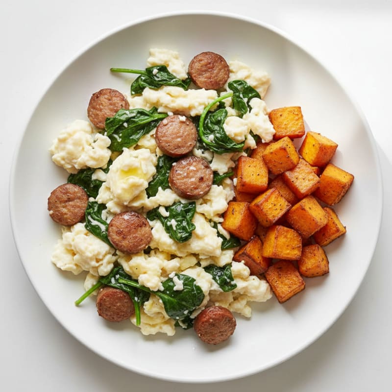 Egg White and Turkey Sausage Scramble with Spinach and Roasted Sweet Potato