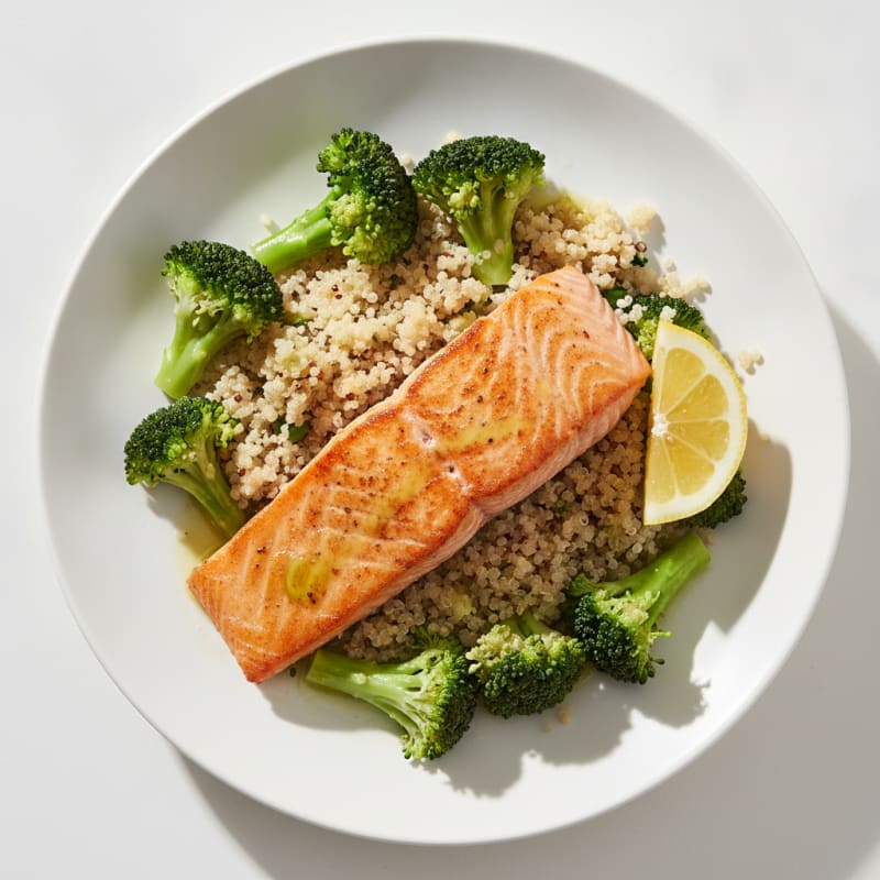 Seared Salmon with Steamed Broccoli and Quinoa