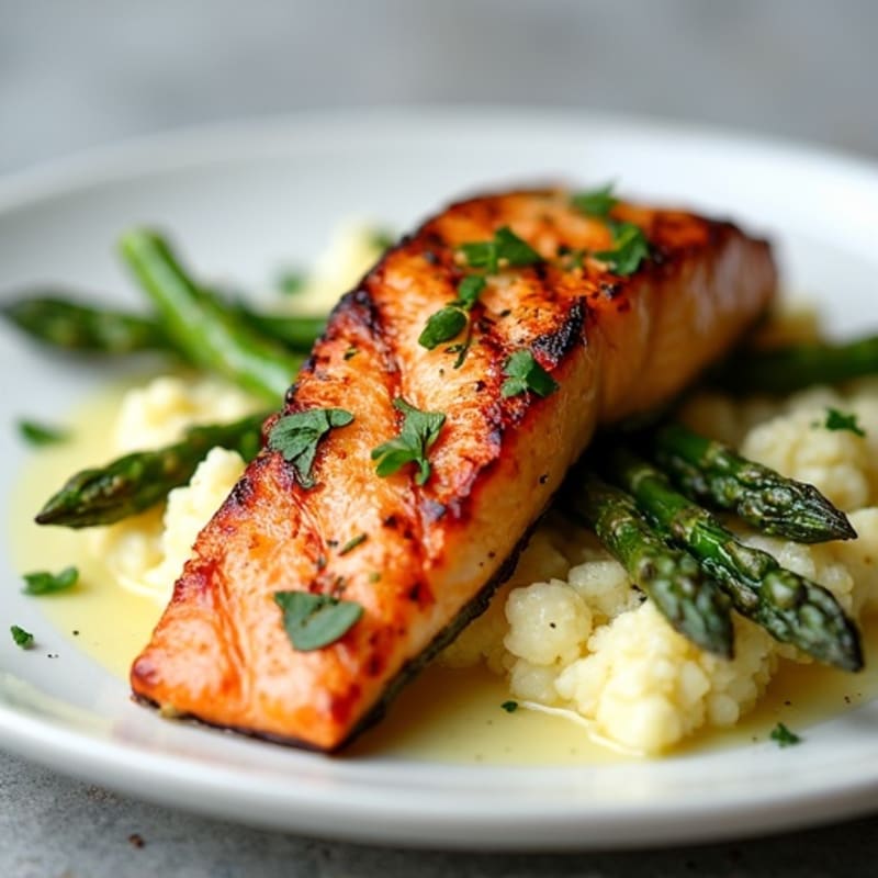 Seared Salmon Fillet with Roasted Asparagus and Garlic Cauliflower Mash