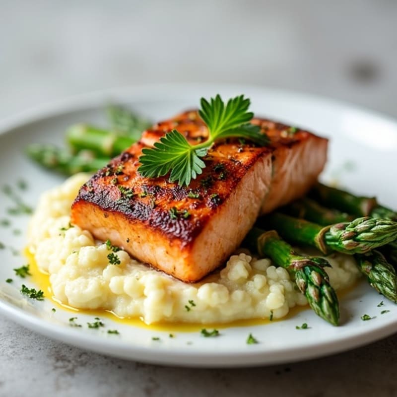 Seared Salmon with Roasted Asparagus and Cauliflower Mash