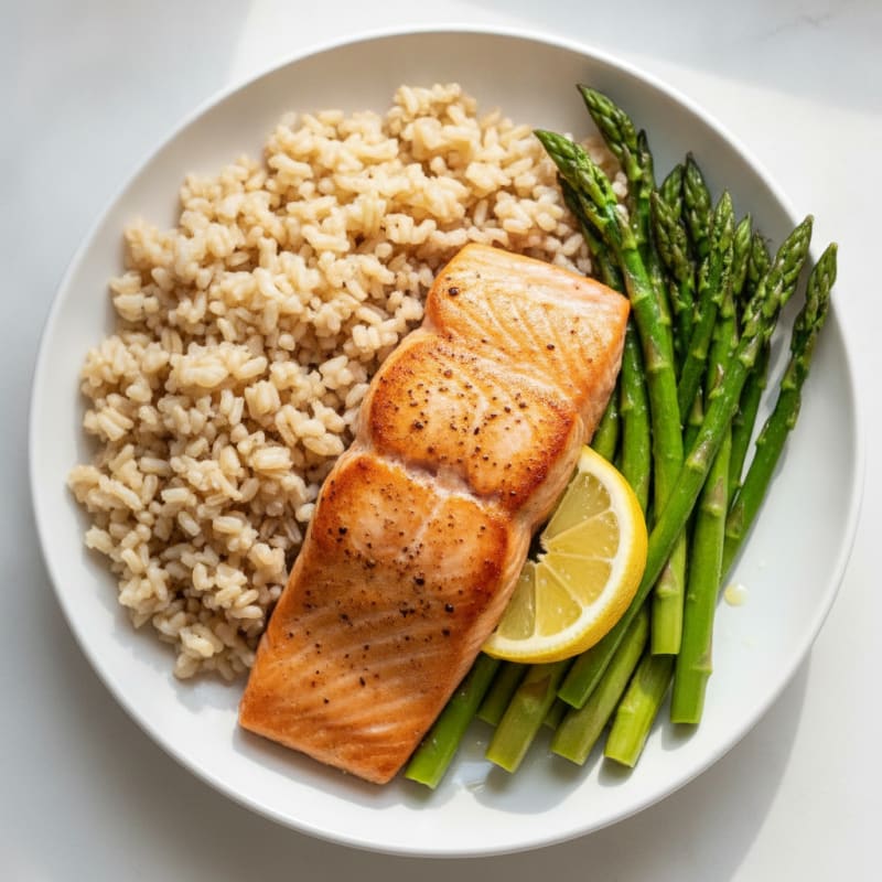 Seared Salmon with Steamed Asparagus and Brown Rice