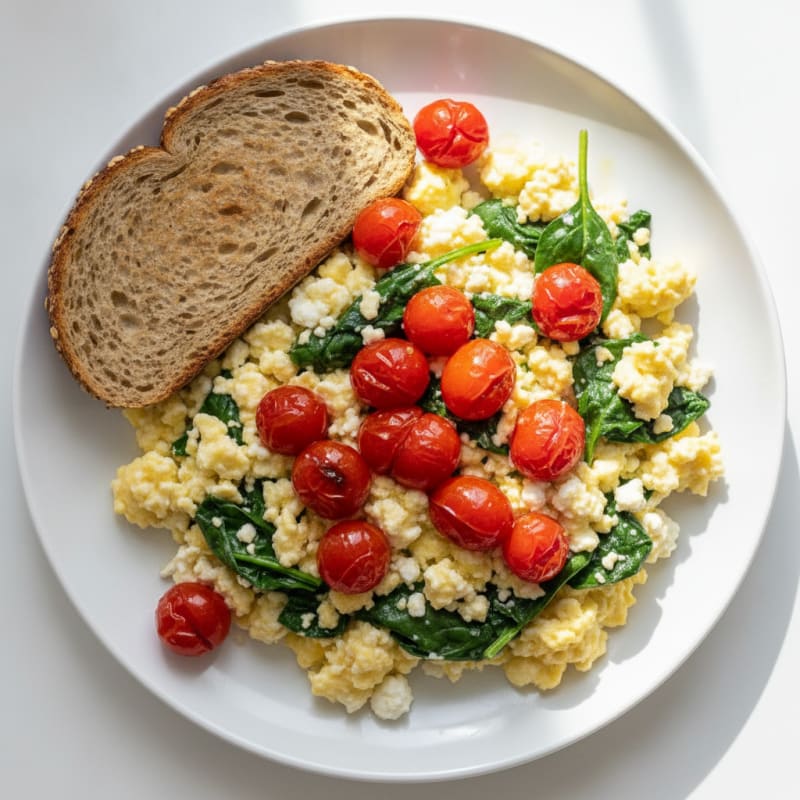 Cottage Cheese Egg Scramble with Spinach and Cherry Tomatoes