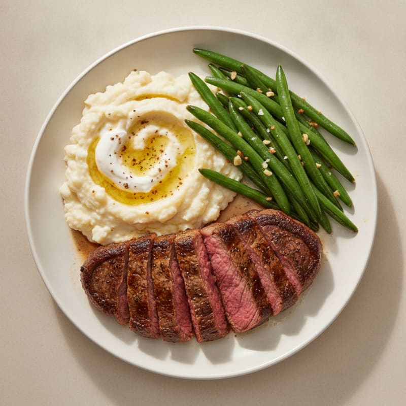 Seared Lean Beef Steak with Garlic Green Beans and Cauliflower Mash