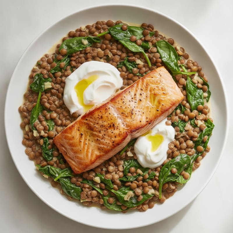 Seared Salmon with Creamy Lentil and Spinach Skillet