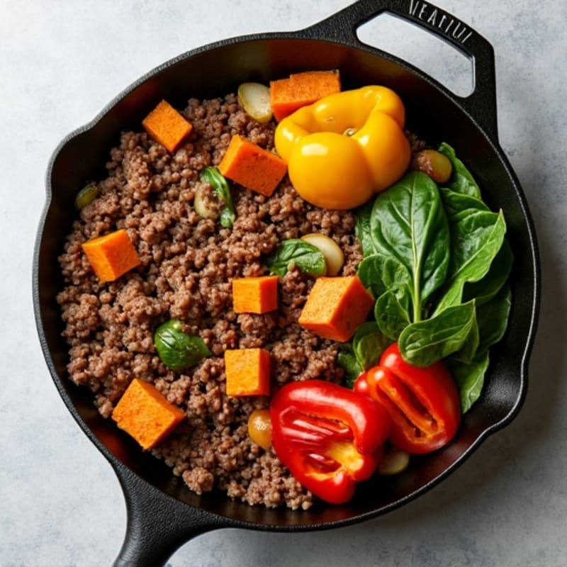Lean Ground Beef and Roasted Sweet Potato Skillet