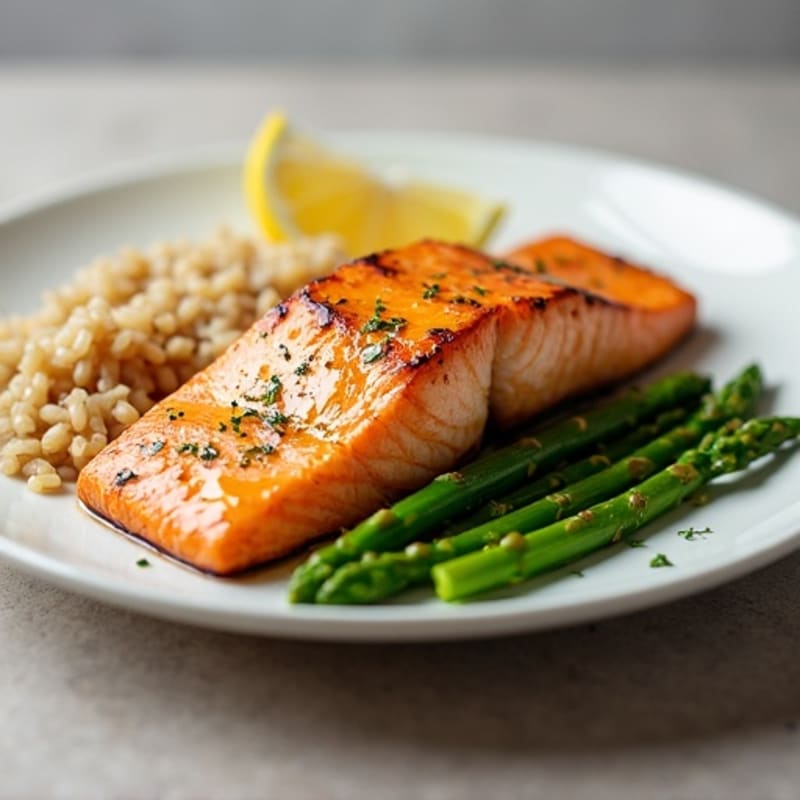 Seared Salmon with Lemon Garlic Asparagus and Brown Rice
