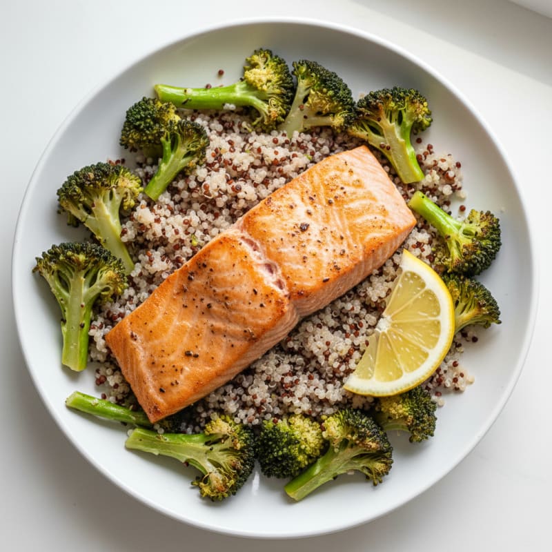 Seared Salmon Filet with Roasted Broccoli and Quinoa