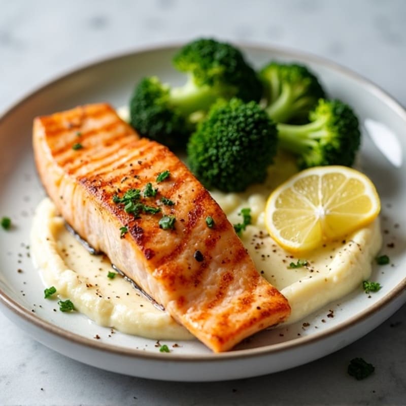 Seared Salmon with Roasted Broccoli and Cauliflower Mash
