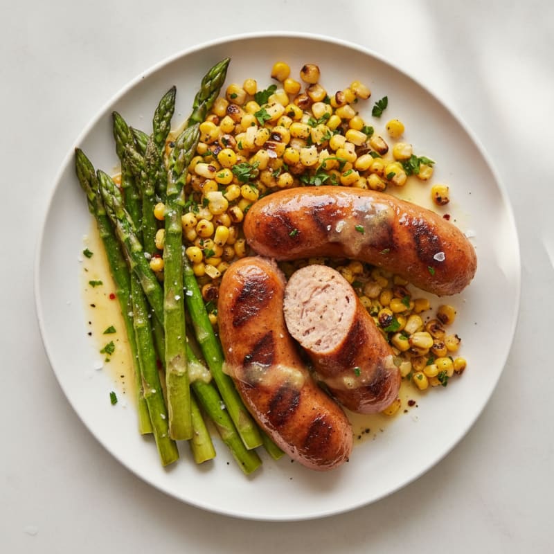 Grilled Chicken Sausage with Roasted Asparagus and Corn