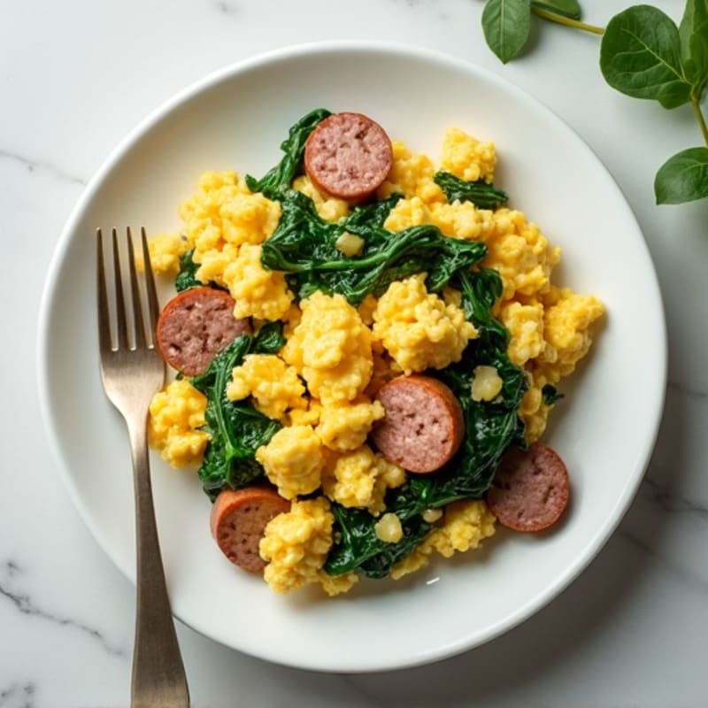 Egg White and Turkey Sausage Scramble with Wilted Spinach