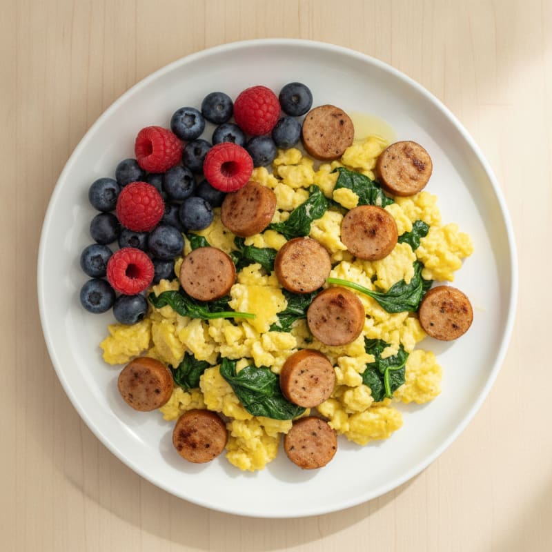 Chicken Sausage and Spinach Egg Scramble with Fresh Berries