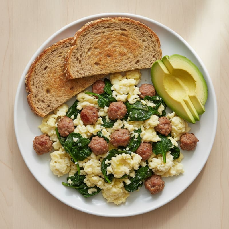 Egg White Spinach Scramble with Turkey Sausage