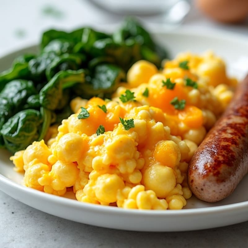 Cheesy Scrambled Eggs with Turkey Sausage and Sautéed Spinach