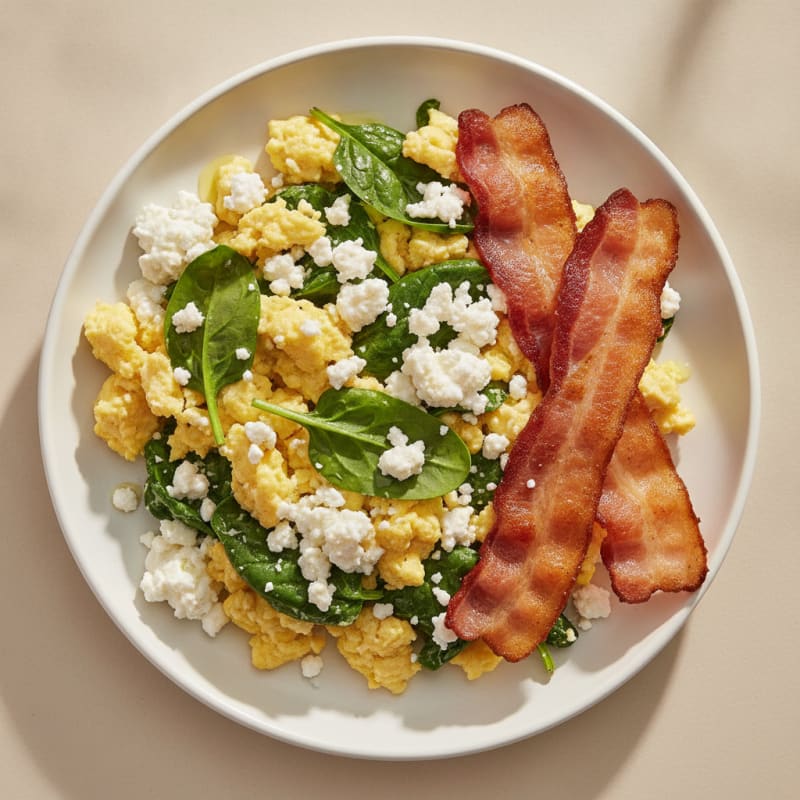 Cottage Cheese Egg Scramble with Spinach and Turkey Bacon