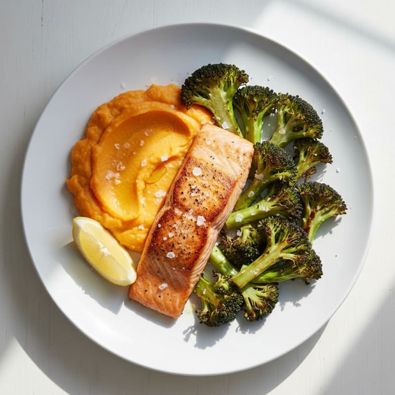 Seared Salmon Fillet with Roasted Broccoli and Sweet Potato Mash