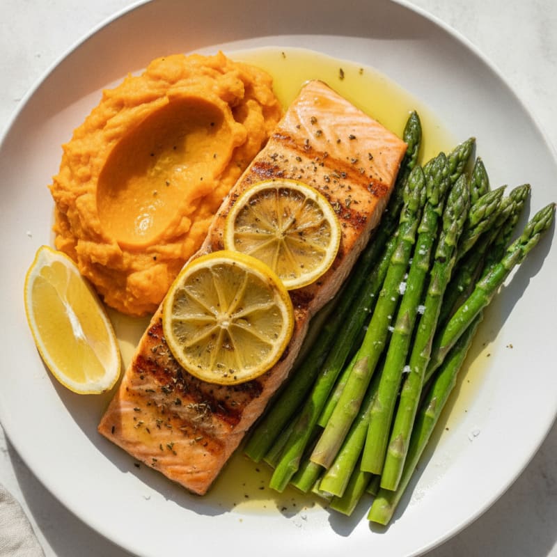Grilled Salmon with Steamed Asparagus and Sweet Potato Mash