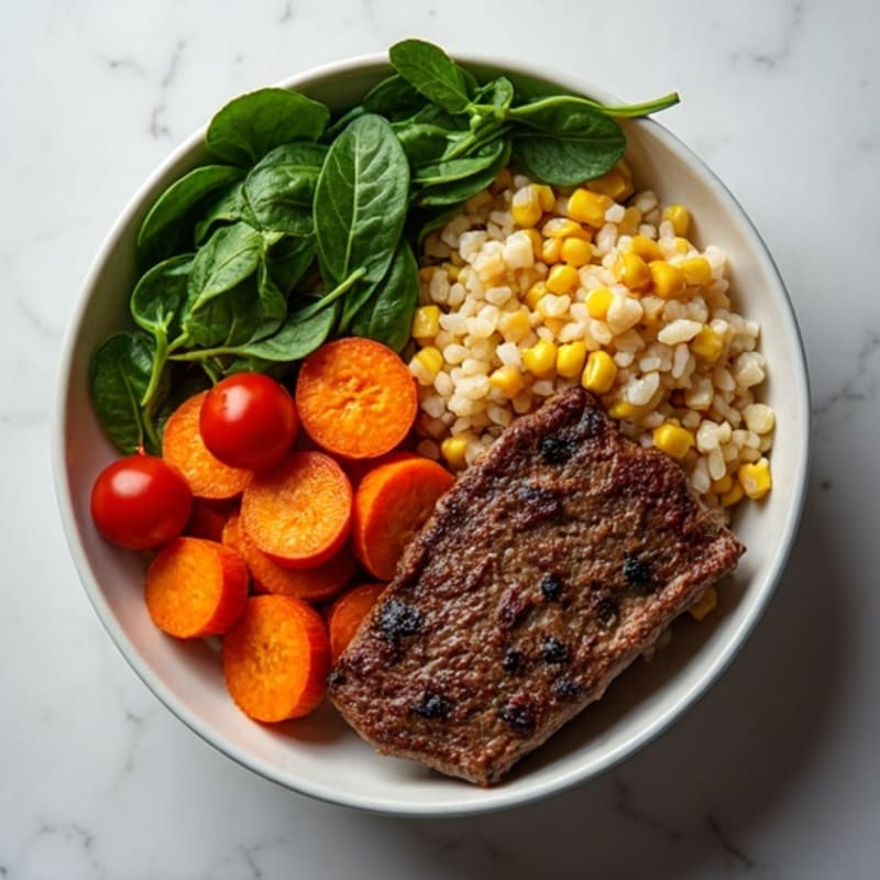 Lean Beef and Wild Rice Bowl with Roasted Carrots and Corn