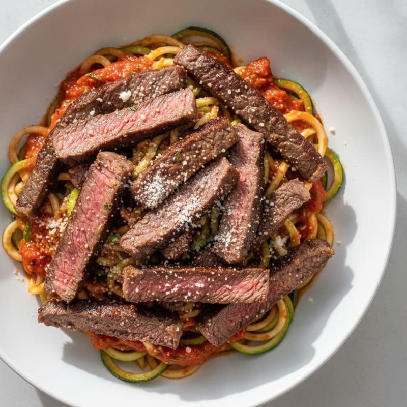 Seared Steak Strips with Zucchini Noodle Pasta and Tomato Sauce