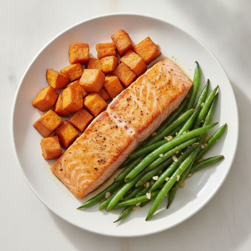 Seared Salmon with Roasted Sweet Potato and Garlic Green Beans