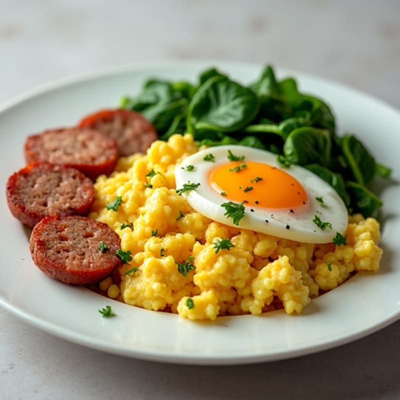 Loaded Scrambled Eggs with Fresh Spinach and Lean Turkey Sausage