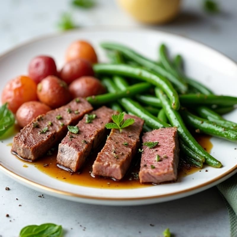 Seared Beef Strips with Herb-Roasted Potatoes and Steamed Green Beans