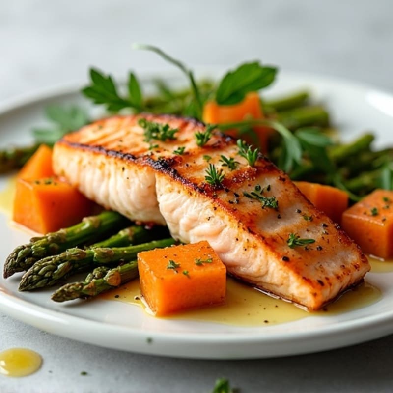 Seared Salmon with Roasted Sweet Potatoes and Asparagus
