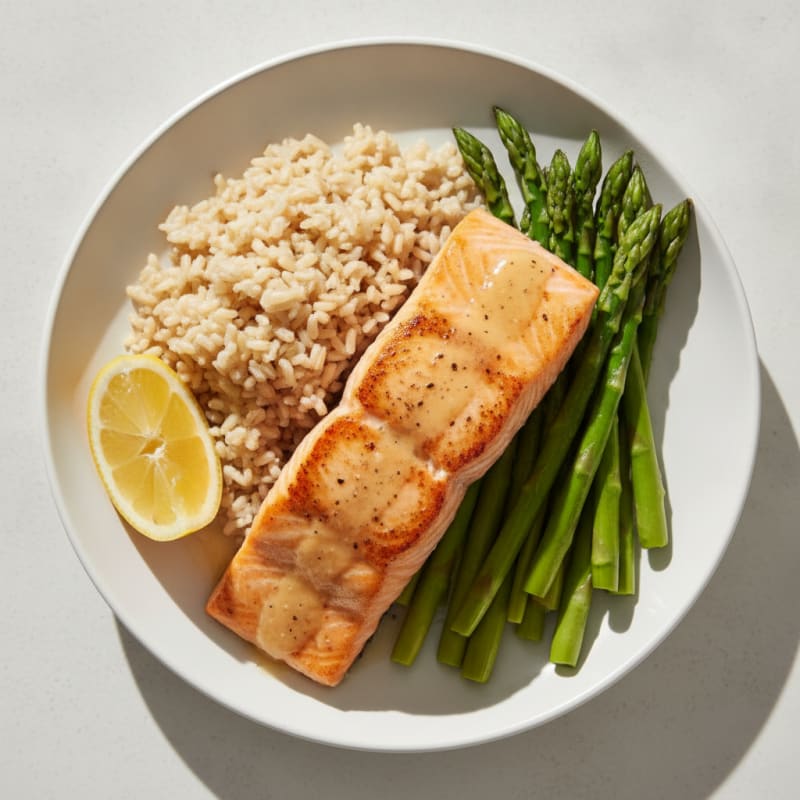 Seared Salmon Fillet with Steamed Asparagus and Brown Rice