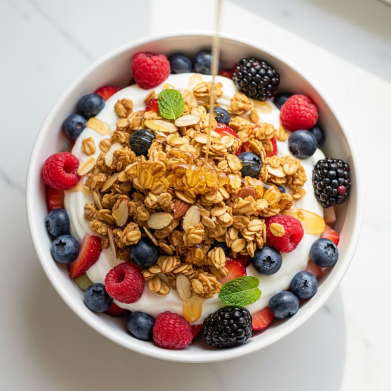 Greek Yogurt Parfait with Crunchy Almond Granola and Fresh Berries